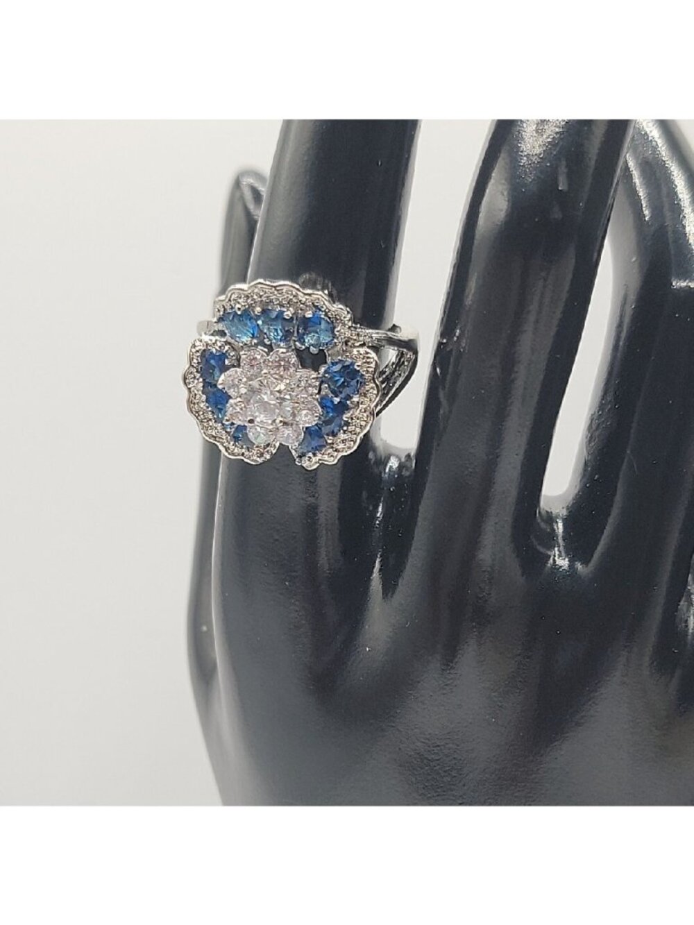 Sterling Silver Crystal Flower Ring Blue Clear Stones 925 Ruffled Petals SZ 9 - Picture 6 of 16